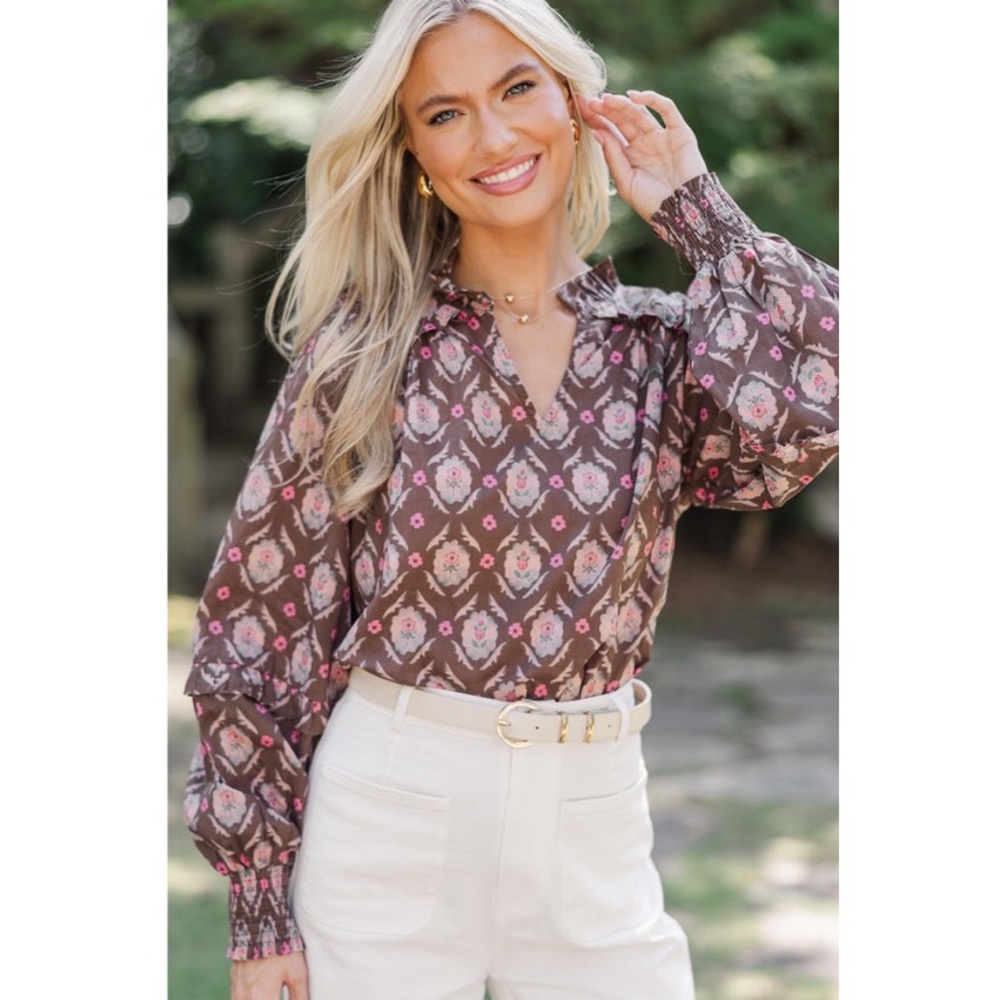 Entro Boutique Tell It All Brown Medallion Blouse